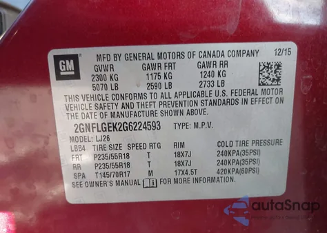 2016 Chevrolet Equinox Ltz из США, поврежденный, VIN 2GNFLGEK2G6224593